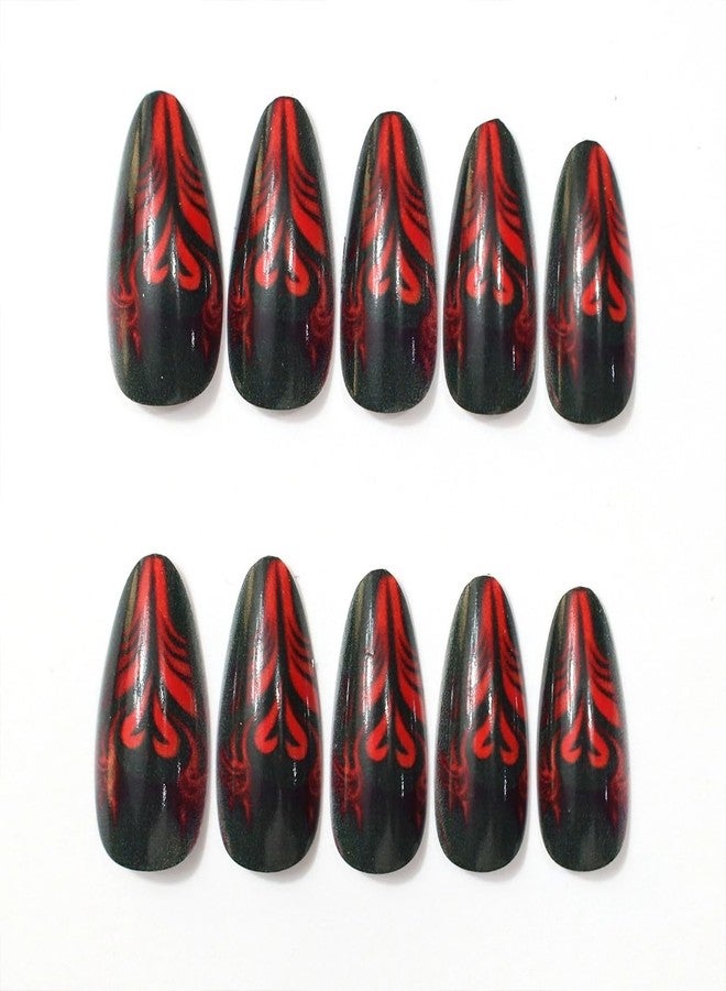 HJKDSFD 24Pcs Red Black Gradient Press on Nails Medium Almond Fake Nails Goth Valentines Glue on Nail Full Cover False Nails with Heart Stripes Designs Reusable Artificial Nails for Women Girls - Image 5